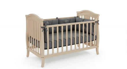 Light beige wooden crib with dark gray fabric