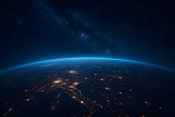 A breathtaking satellite image of Europe at night showing glowing city lights beneath the curvature of Earth and starry sky..