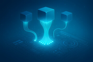 Futuristic 3D cubes transferring glowing data lines into a digital circuit, symbolizing blockchain or data integration..
