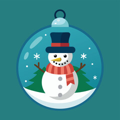 Cartoon Snowman in a Christmas Ornament with Trees and Snowflakes