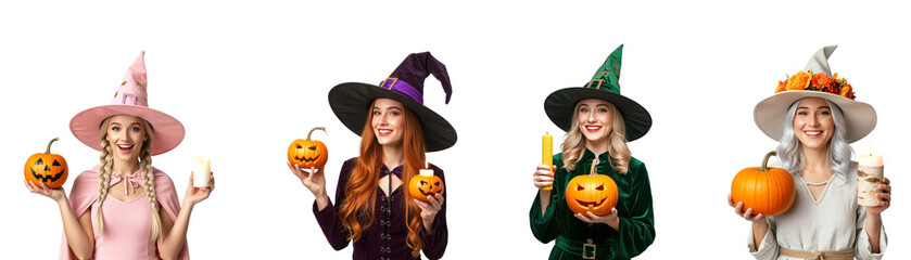 Set of cartoon witches in Halloween costumes and hats holding candle and pumpkin, ready to celebrate, isolated on transparent PNG background, spooky cute clipart