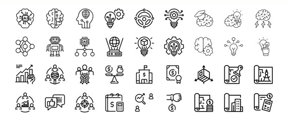 Black Line Icons Set Artificial Intelligence Business Strategy Planning