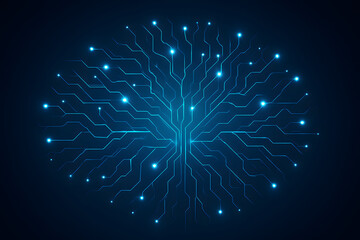 A symmetrical branching structure of glowing circuits on dark blue background, symbolizing neural networks or AI intelligence..