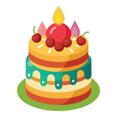 Two tier birthday cake with candle and cherries illustration