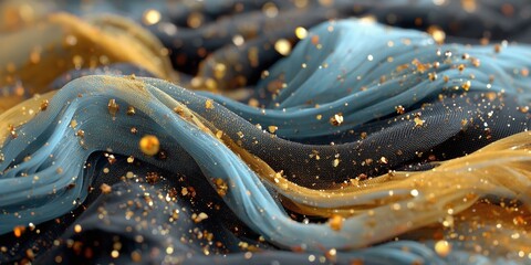 Textured fabric with glitter elements creates an artistic composition in soft colors and flowing patterns