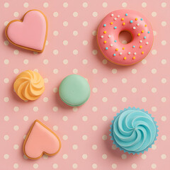 Cute pastel cookies, macarons, and cupcakes arranged on a pink polka dot surface in a flat lay dessert composition..