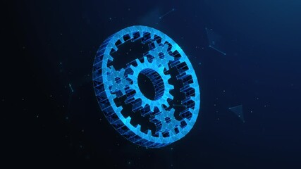 Lowpoly Planetary Gears Spinning In The Center Animation Loop. Abstract animated concept depicting synergy partnership, corporate collaboration and teamwork by wireframe mesh on blue background