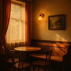 Wooden table and chairs in a sunlit corner of a cozy, nostalgic cafe interior with warm lighting and curtains..