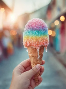 Child Holding Melting Rainbow Ice Cream Cone