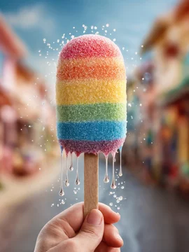 Melting Cone with Rainbow Swirls in Sunny Garden
