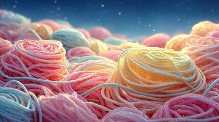 Soft colored yarn balls scattered in a warm light setting, inviting creativity and crafting inspiration