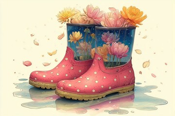 Colorful rain boots filled with blooming flowers create a vibrant spring display indoors or outdoors