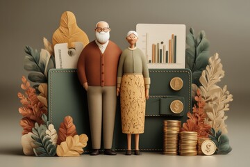 Illustration of seniors with financial planning concepts and symbolic elements