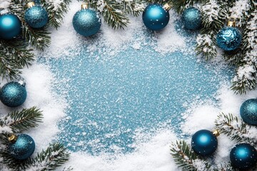 Festive Blue Christmas Frame with Baubles and Snowy Fir Branches for Cheerful Holiday Greetings