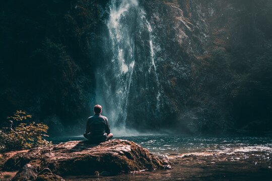 Man meditating by waterfall
