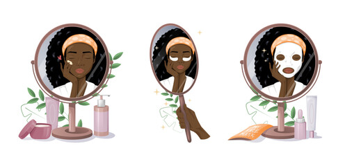 Set of African american woman doing skincare spa routine and reflecting in the mirror