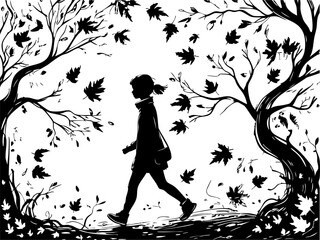A girl walking through a leafy path autumn forest silhouette art nature side view reflection on change