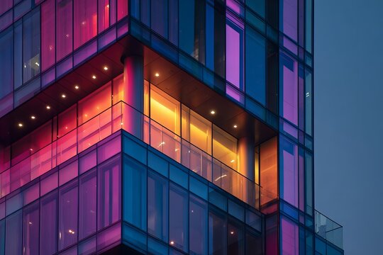 Modern building facade at dusk with vibrant lighting