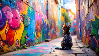 An AI generated image of a cute kitten looking at graffiti artwork of a mouse in an alley	
