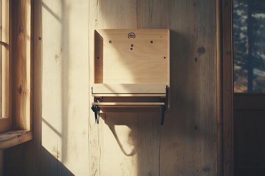 Fold-down ski rack installed on a wooden wall inside a cozy tiny house interior with natural light