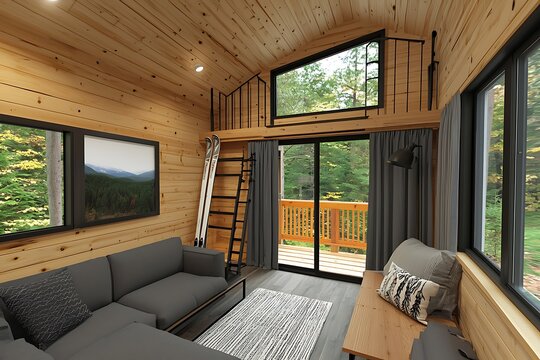 Cozy tiny house interior with fold-down ski rack and loft viewed from living room