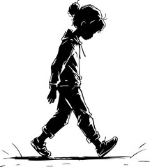 Obraz premium Walking child in urban environment black and white reflecting emotions and movement side view