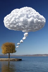 Serene autumn tree with thought bubble cloud over calm lake