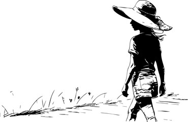 Naklejka premium Walking silhouette of a girl in a wide-brimmed hat serene nature scene black and white artistic perspective