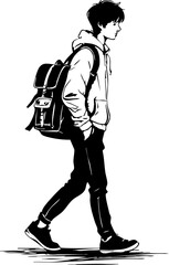 Fototapeta premium Young person walking with backpack urban setting black and white side view daily journey