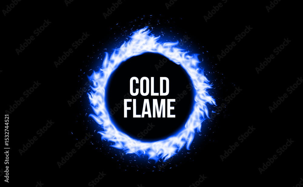 Poster blue cold flame ring, fiery circle with glowing energy effect on dark background. futuristic burning