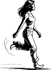 Woman running in urban environment dynamic movement lifestyle black and white art style