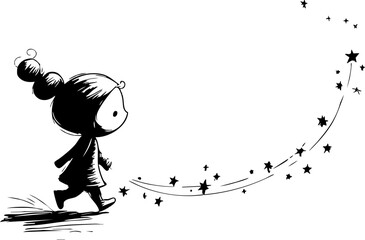 A young girl walks among stars dreamy night sky fantastical setting side view imagination unleashed