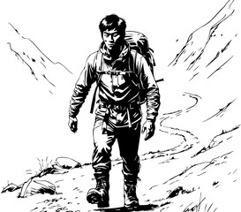 Adventurous climber tackles mountain trail high altitude black and white outdoor adventure side view perseverance theme