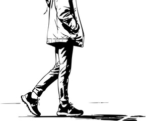 Walking journey of a young individual urban setting lifestyle monochrome style side view personal reflection