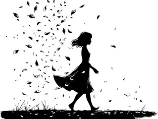 Walking through a whirlwind of leaves a girl's journey in nature artistic silhouette outdoor scene dreamy atmosphere