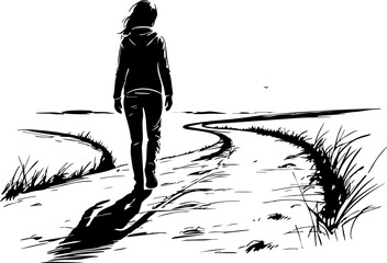 Journeying through life a solitary walk on a path in nature expressive black and white artistic perspective