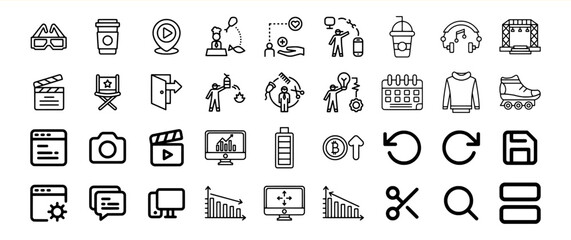 Black Line Icons Set Film Coffee Location Bitcoin Calendar Sweater Rollerblades