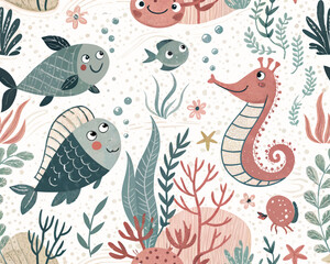 Seamless Scandinavian Underwater Vector Illustration – Cute Hand-Drawn Ocean Animals Pattern for Nursery, Kids Decor, Print fabrics, textile and background