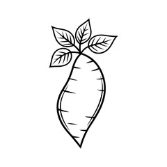 Line art illustration of a sweet potato with leaves