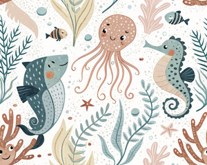 Seamless Scandinavian Underwater Vector Illustration – Cute Hand-Drawn Ocean Animals Pattern for Nursery, Kids Decor, Print fabrics, textile and background