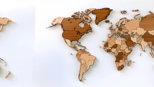 Two detailed wooden world maps, light brown and darker, showing countries.  Each map is a separate piece, with the continents clearly defined and individual countries highlighted
