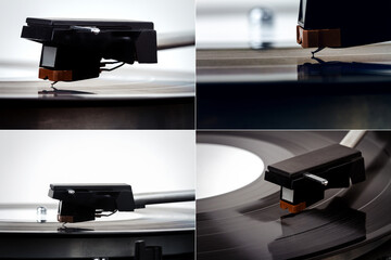 Collection of images with vintage stereo turntable vinyl record player isolated on white background