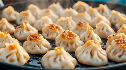 Delicious pan-fried dumplings served on a black plate ready to be eaten