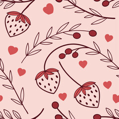 Seamless pattern with strawberries, red hearts and branches with berries on a pink background, cute, simple, flat design, vector illustration