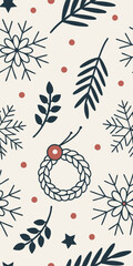Seamless pattern with snowflakes, wreath, leaves and red dots on a cream background, winter holiday theme, flat design, vector illustration
