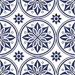 Seamless pattern with stylized flowers and circular shapes in blue and white, creating a symmetrical and decorative design, flat background