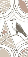 1x2 A seamless , A seagull with brown wings standing on a geometric shape, with circles and triangles in the background