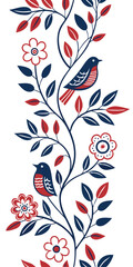 1x2 A seamless Scandinavian folk art pattern featuring stylized birds, flowers, and vines in a traditional red, blue, and white color scheme, with clean, simple lines
