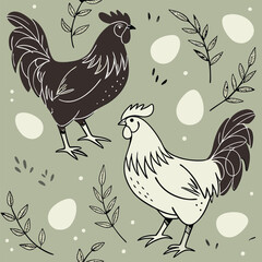 A seamless farmhouse wallpaper pattern featuring charming hand-drawn chickens, roosters, and eggs, scattered on a muted sage green background