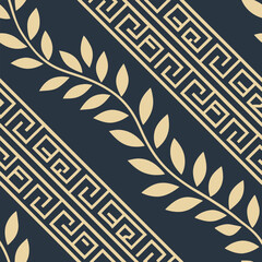 A seamless pattern featuring a classic Greek key motif in deep navy and gold